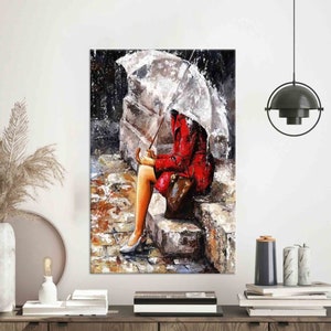 Red Coat Girl with Umbrella Canvas, Rainy Street Impressionist Painting, Modern Wall Art for Hallway, Living Room or Entryway Decor