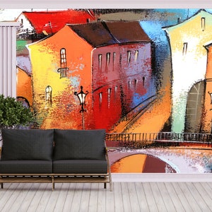 Muro d'accento, Arte della parete stampabile, Arte della stampa 3D, Regalo per lui, Decalcomanie da muro di pittura di città colorata, Poster da parete della città, Carta da parati paesaggistica,