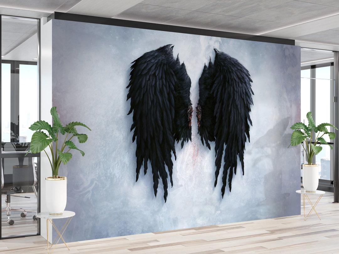 Dark Angel Wings Wallpaper, Black Feather Wall Mural, Peel and Stick