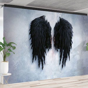 Dark Angel Wings Wallpaper, Black Feather Wall Mural, Peel and Stick Moody Wall Decor
