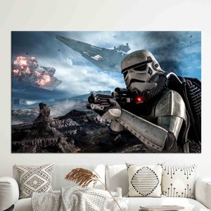 May include: A white Stormtrooper from Star Wars stands on a rocky planet, aiming a blaster rifle.  Two star destroyers fly in the background, one exploding.