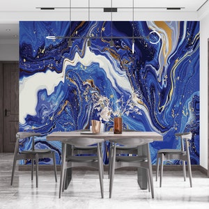 Marineblaue Marmor Tapete: Art Deco Wandaufkleber in Gold