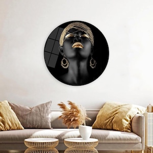 Black Woman Gold Lip Tempered Glass Wall Art: African Girl Stained Glass Decor