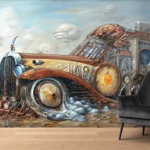 Surreal Car Wall Mural: 3D Vinyl Peel and Stick Wallpaper