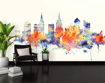 Papel pintado de acuarela de la ciudad de Nueva York: Mural de pared autoadhesivo