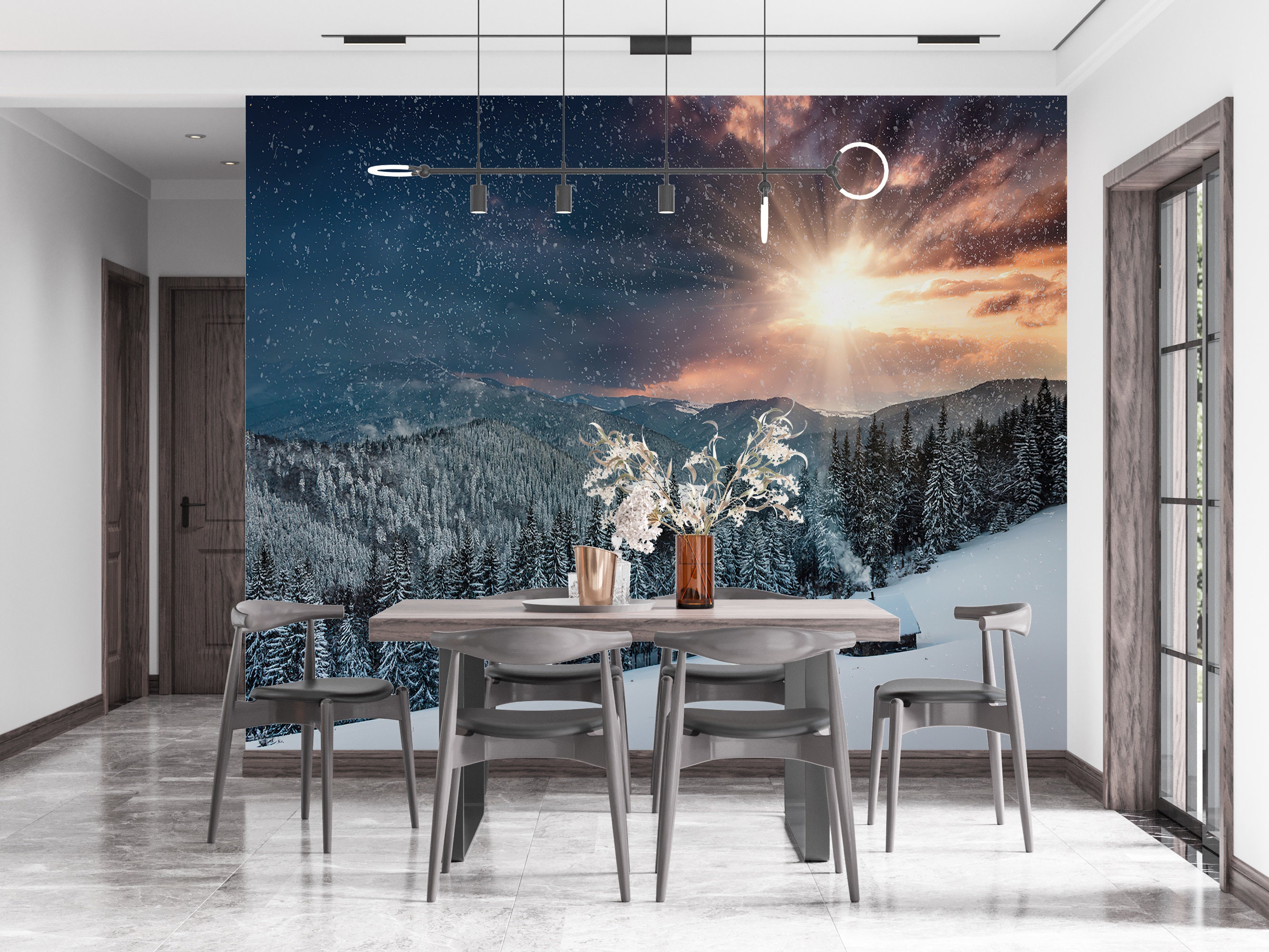 Sunset Mountain Landscape Wallpaper Mural - Peel and Stick Wall Decor ...