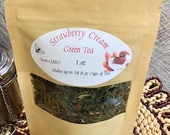 Crema de fresa ~ Té verde de hojas sueltas con frutos rojos y trocitos de yogur ~ 28 g