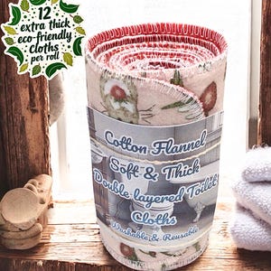 May include: A roll of 12 extra thick, eco-friendly cotton flannel toilet cloths. The cloths are double-layered, soft, and washable. The label reads "Cotton Flannel Soft & Thick Double-layered Toilet Cloths Washable & Reusable".