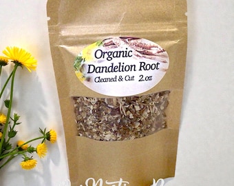 Raíz de diente de león orgánica seca, cortada, 57 g (2 oz). Hierba de cosecha de primavera para té, jabones y tinturas.