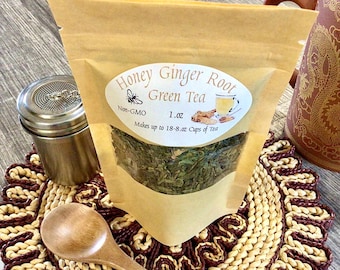 Té verde de hojas sueltas con miel y jengibre, 1 oz, con raíz de jengibre