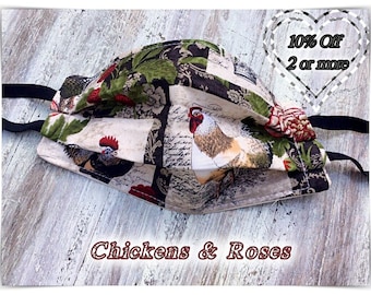 Máscara facial de pollo hecha a mano ~ 3 capas ~ Muselina Filtro acolchado Alambre de nariz Pollos y rosas