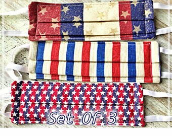 American Flag Face Mask Set: Handmade Quilted 3-Layer with Nose Wire