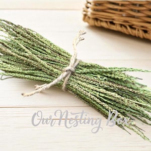 May include: A bundle of dried green grass tied with twine. The grass has a natural, textured appearance, with a mix of green and brown hues. The twine is a light beige color, and the bundle is resting on a light-colored wooden surface. The text "Our Nesting Box" is visible.