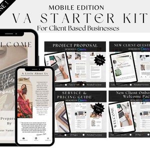May include: A mobile phone screen displaying a welcome message with the text "Welcome Onboard". The phone is next to a tablet screen displaying a "A Little About Us" page with a woman in a pink dress. The image also shows several other tablet screens with titles like "Project Proposal", "New Client Questionnaire", "Service & Pricing Guide", and "New Client Onboarding Welcome Packet". All the screens are designed in Canva and are easy to edit.