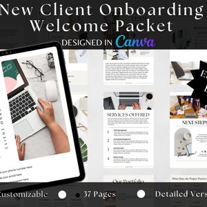 May include: A welcome packet for new clients, designed in Canva. The packet includes a welcome message, a list of services offered, next steps, and a thank you message. The packet is fully customizable and includes 37 pages.