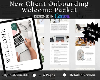 May include: A welcome packet for new clients, designed in Canva. The packet includes a welcome message, a list of services offered, next steps, and a thank you message. The packet is fully customizable and includes 37 pages.