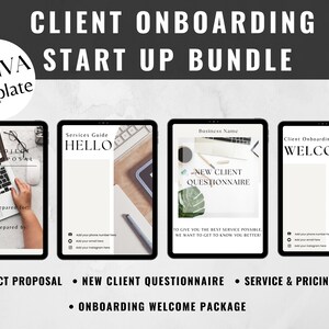 May include: A Canva template bundle for client onboarding. The bundle includes a project proposal, a new client questionnaire, a service and pricing guide, and an onboarding welcome package. The templates are displayed on four tablet screens.