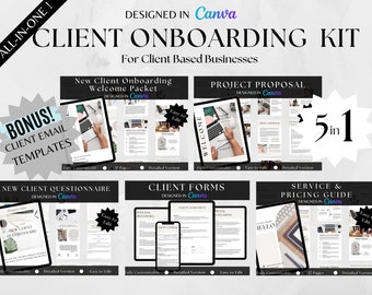 May include: A digital marketing kit for client onboarding, featuring a welcome packet, project proposal, client questionnaire, client forms, and a service and pricing guide. The kit is designed in Canva and includes 5 items. The image shows a collage of the different documents.