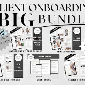 Può includere: Un pacchetto di prodotti digitali per l'onboarding dei clienti, che include 51 modelli Canva in uno schema di colori bianco e nero. Il pacchetto include modelli per pacchetti di benvenuto di onboarding, proposte di progetto, moduli cliente, questionari per nuovi clienti e guide ai servizi e ai prezzi. Il testo "5 in 1" è evidenziato in una forma a stella.