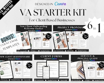 May include: A collage of images showcasing a virtual assistant starter kit for client-based businesses. The kit includes a new client onboarding welcome packet, project proposal, client questionnaire, client forms, and a service and pricing guide. The kit is designed in Canva and includes 6 templates in total.