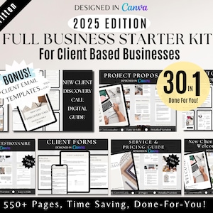 May include: A digital marketing kit for client-based businesses. The kit includes 301 templates, including client onboarding, offboarding, project proposals, client discovery calls, client forms, and service and pricing guides. The kit is designed in Canva and includes over 550 pages.