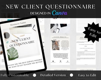 May include: A digital tablet displaying a customizable client questionnaire template designed in Canva. The template features a business name, a title "New Client Questionnaire", and the text "To give you the best service possible, we want to get to know you better!" The template is fully customizable and easy to edit.