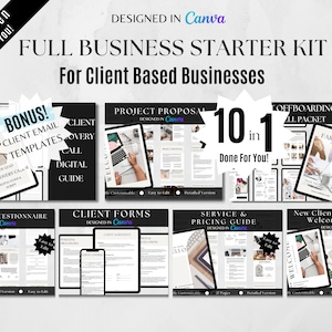Può includere: Un kit di avvio digitale per aziende basate sui clienti, progettato in Canva. L'immagine presenta modelli per e-mail dei clienti, proposte di progetti e onboarding. Il design è in bianco e nero, con il testo "Full Business Starter Kit".