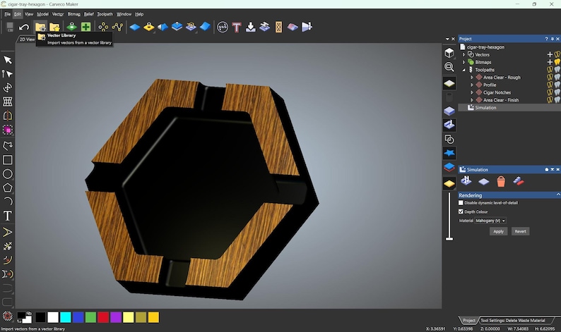 May include: A hexagonal cigar tray design with a black center and a wooden frame. The tray is a 3D rendering, showcasing a modern design. The wood has a natural grain pattern.