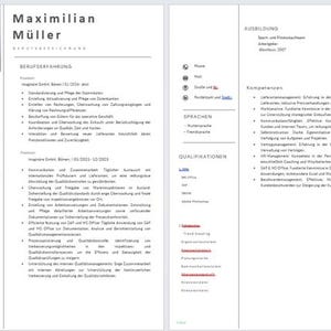 Może przedstawiać: Czarno-białe CV z nazwiskiem Maximilian Müller u góry. CV zawiera informacje o doświadczeniu zawodowym, kwalifikacjach i językach.