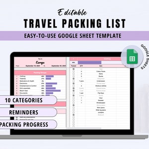 Travel Packing Checklist Travel Packing List Travel Spreadsheet Travel Planner Travel Google Sheet Cruise Packing List Vacation Checklist