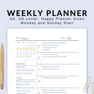 Simple Weekly Planner Template Weekly Planner Portrait Weekly Agenda Planner Week Organizer Planner Week at a Glance Template Week Schedule