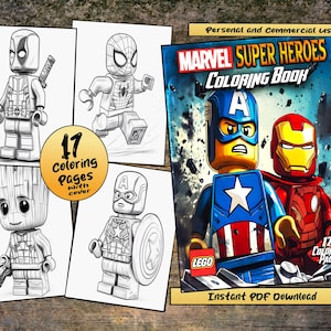 以下が含まれることがあります： マーベルスーパーヒーローズの塗り絵で、17ページあり、キャプテン・アメリカとアイアンマンのレゴ風イラストが特徴です。デッドプール、スパイダーマン、グルート、キャプテン・アメリカの白黒塗り絵が含まれています。