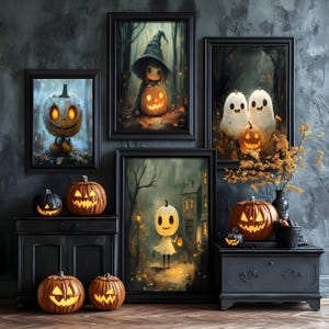 Set of 4 Cute Halloween Wall Art Spooky Halloween Art Print Spooky Vintage Halloween Ghost Art Prints Bundle Set Halloween  Gallery Wall  28
