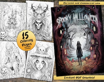 Libro da colorare di Halloween spettrale: pagine da colorare per adulti in scala di grigi (PDF)