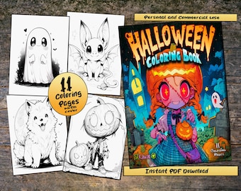 May include: A Halloween coloring book with a black and white illustration of a girl with a pumpkin head holding a jack-o-lantern. The cover text reads "Halloween Coloring Book" with the words "Personal and Commercial Use" at the top. The book includes 11 coloring pages with a cover.