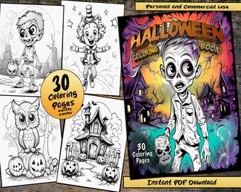 May include: A black and white coloring book with 30 pages featuring Halloween themed illustrations. The cover features a zombie holding a skull. The text on the cover reads "Halloween Coloring Book".