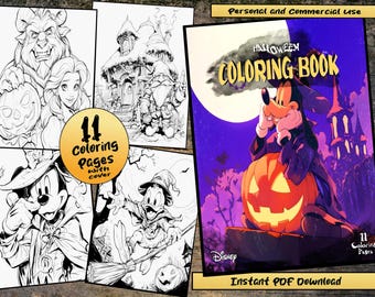 May include: A Halloween coloring book featuring Mickey Mouse dressed as a vampire holding a jack-o'-lantern. The cover is a vibrant purple and blue with a moon and stars. The book includes 11 coloring pages.