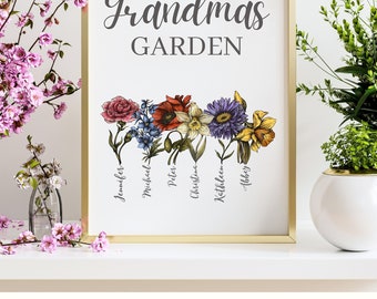 Personalized Mother Print, Grandmother, Grandchildren Print Customized  Art Children's Birth Flower Names jpg Print for Mom's Flower Print