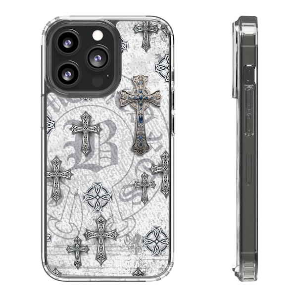 Chrome Heart Clear Case for iPhone®, gothic cross Iphone case, goth phone case, chrome hearts Clear Case, inspired, Y2K phone case