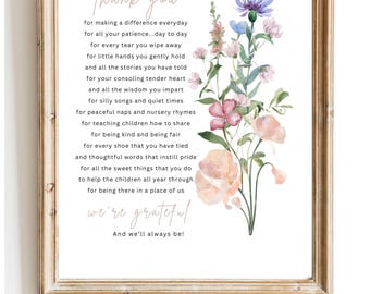 End of Year Teacher's Day Gift, Printable Teacher Appreciation Art, Parents Thank You Printable Nursery Teachers Nanny daycare thank you