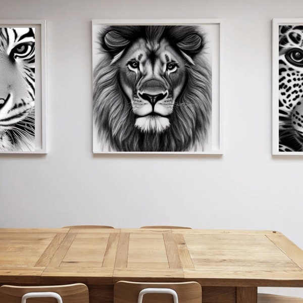 Big Cats Set De 4 Portrait Numérique Dessin Lion Tigre Guépard Jaguar Imprimable Taille A4 Prêt à imprimer numérique Télécharger Crayon art