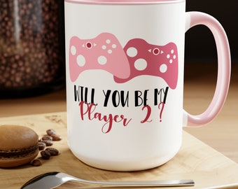 Will You Be My Player 2? Two-Tone Mug - 15oz Ceramic Gamer Valentine - Romantic Gaming Coffee Cup - Gift for Video Game Lovers