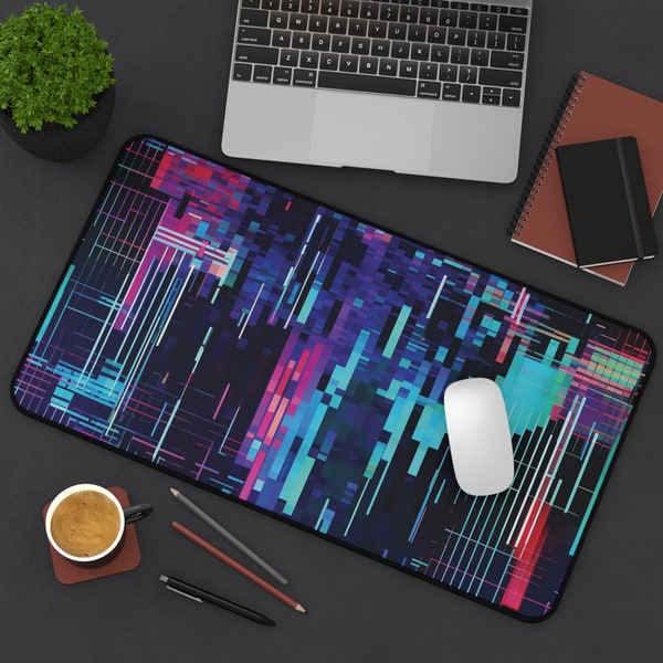 Abstract Neon Pixel Lines Desk Mat - Choose Your Size, Non-Slip, High Precision - Elevate Your Desk Setup with Vibrant Artistry