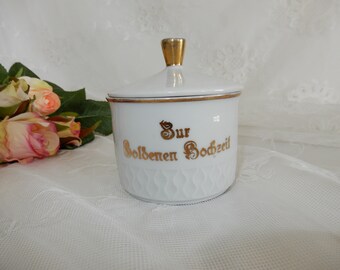 Kleine Zuckerdose "Zur Goldenen Hochzeit" von Schirnding - Vintage - weißes Porzellan