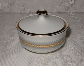 Hübsche Zuckerdose von Jäger & Co. - grau mit goldener Verzierung - weißes Porzellan - Vintage