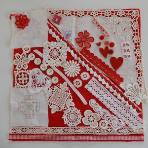 Weiß-rotes Näh- und Bastelpaket Spitzen Applikationen Knöpfe Basteln Verzieren Slow Stitch Scrapbooking Journaling 9)
