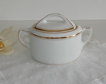 Zuckerdose mit Goldrand von Felda Porzellan 40er Jahre - oval - Vintage - weißes Porzellan