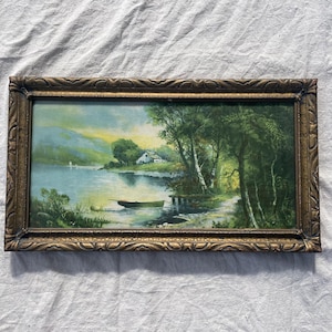 Antique Landscape with Gold Frame | Rustic Country Cottage Lake Landscape Art Print | The Olivine Collection