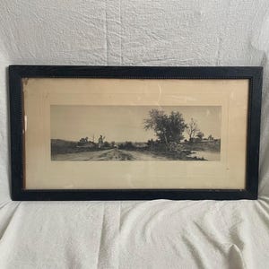 Romantic Antique Lithograph in Dark Antique Wood Frame | Vintage Landscape Etching | The Harbinger Collection