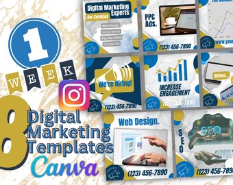 8 Digital Marketing Instagram Templates, Editable Social Media, Business Templates, Digital Marketing Agency, DIY Canva, Marketing Templates